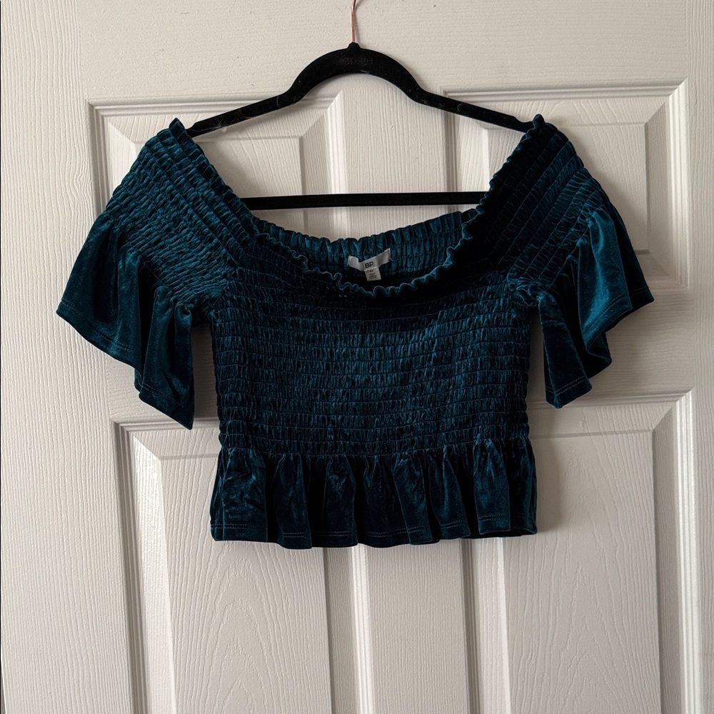 BP Teal Smocked Off-Shoulder Crop Top